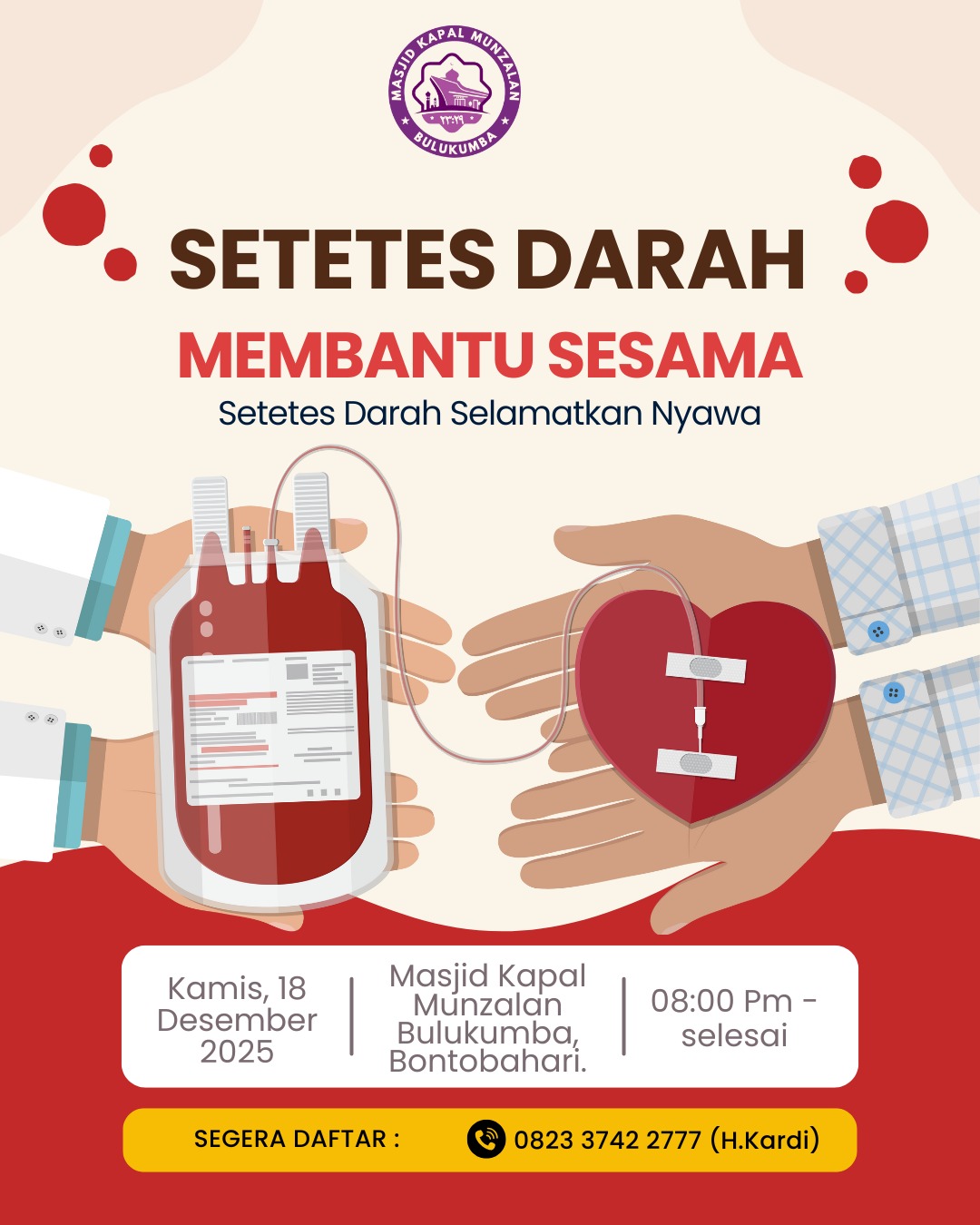 Masjid Kapal Munzalan Bulukumba bersama Paskas mengajak masyarakat ikut donor darah pada 18 Desember 2025.