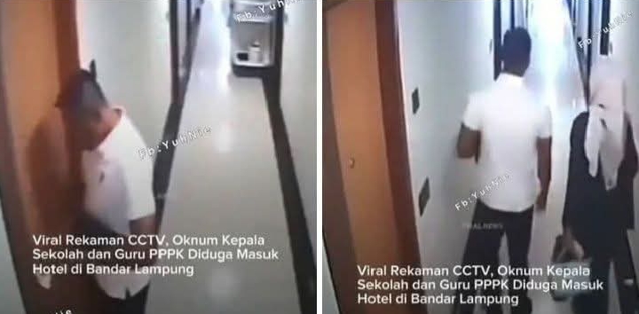 Tangkapan layar rekaman CCTV hotel di Bandar Lampung yang viral dan menyeret dua ASN guru SD Lampung Timur dalam dugaan pelanggaran etika.