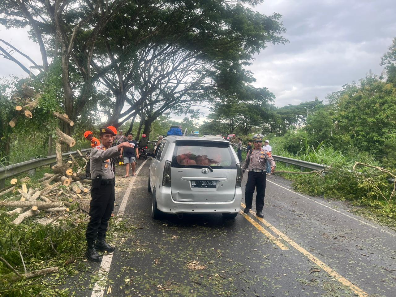 Petugas Polres Bulukumba dan BPBD mengevakuasi pohon tumbang akibat badai angin kencang di Jalan Trans Sulawesi Desa Bijawang