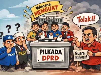 Karikatur perdebatan Pilkada dipilih DPRD, menampilkan partai politik pendukung, PAN dan PKS yang masih mengkaji, serta PDIP yang menolak perubahan sistem Pilkada.