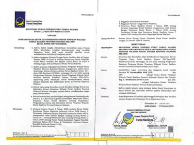 SK DPP Partai NasDem yang menunjuk Syaharuddin Alrif sebagai nahkoda baru NasDem Sulsel menggantikan Rusdi Masse