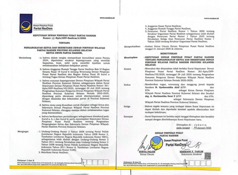 SK DPP Partai NasDem yang menunjuk Syaharuddin Alrif sebagai nahkoda baru NasDem Sulsel menggantikan Rusdi Masse