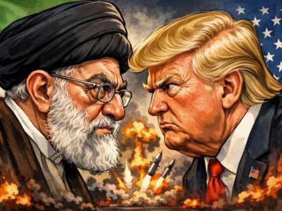 Karikatur Presiden Iran Ali Khamenei dan Presiden AS Donald Trump saling bertatapan tajam menggambarkan ketegangan AS Iran