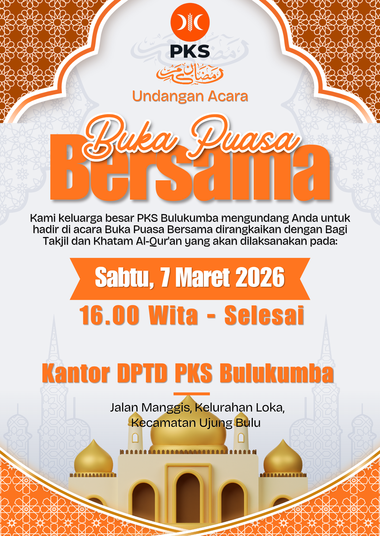 undangan kegiatan buka puasa bersama PKS Bulukumba pada 7 Maret 2026 di Kantor DPTD PKS Bulukumba.