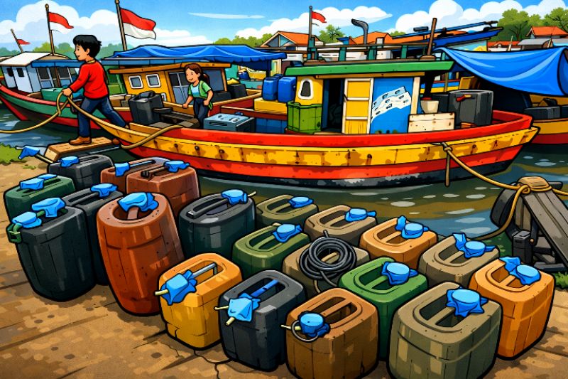 Jerigen berisi BBM subsidi diduga disiapkan untuk dimuat ke kapal nelayan di pelabuhan Bulukumba