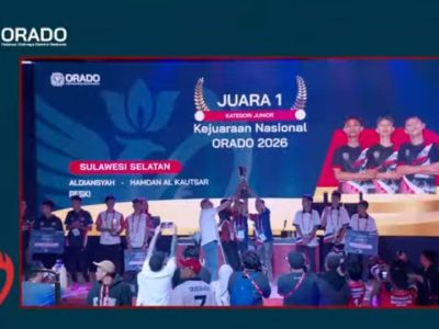 Kontingen atlet junior ORADO Sulawesi Selatan merayakan kemenangan setelah sukses meraih juara 1 pada Kejuaraan Nasional (Kejurnas) Domino ORADO 2026 di Bogor, Jawa Barat, Minggu (26/4/2026).