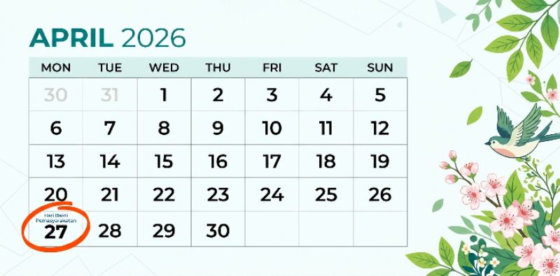 Kalender tanggal 27 April dengan berbagai peringatan penting nasional dan internasional seperti Hari Desain Grafis Dunia, Hari Tapir Sedunia, dan Freedom Day Afrika Selatan.