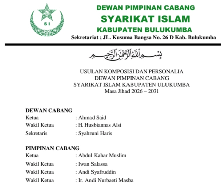 Susunan pengurus Syarikat Islam Kabupaten Bulukumba yang disepakati dalam musyawarah di Cafe Circle Bulukumba.