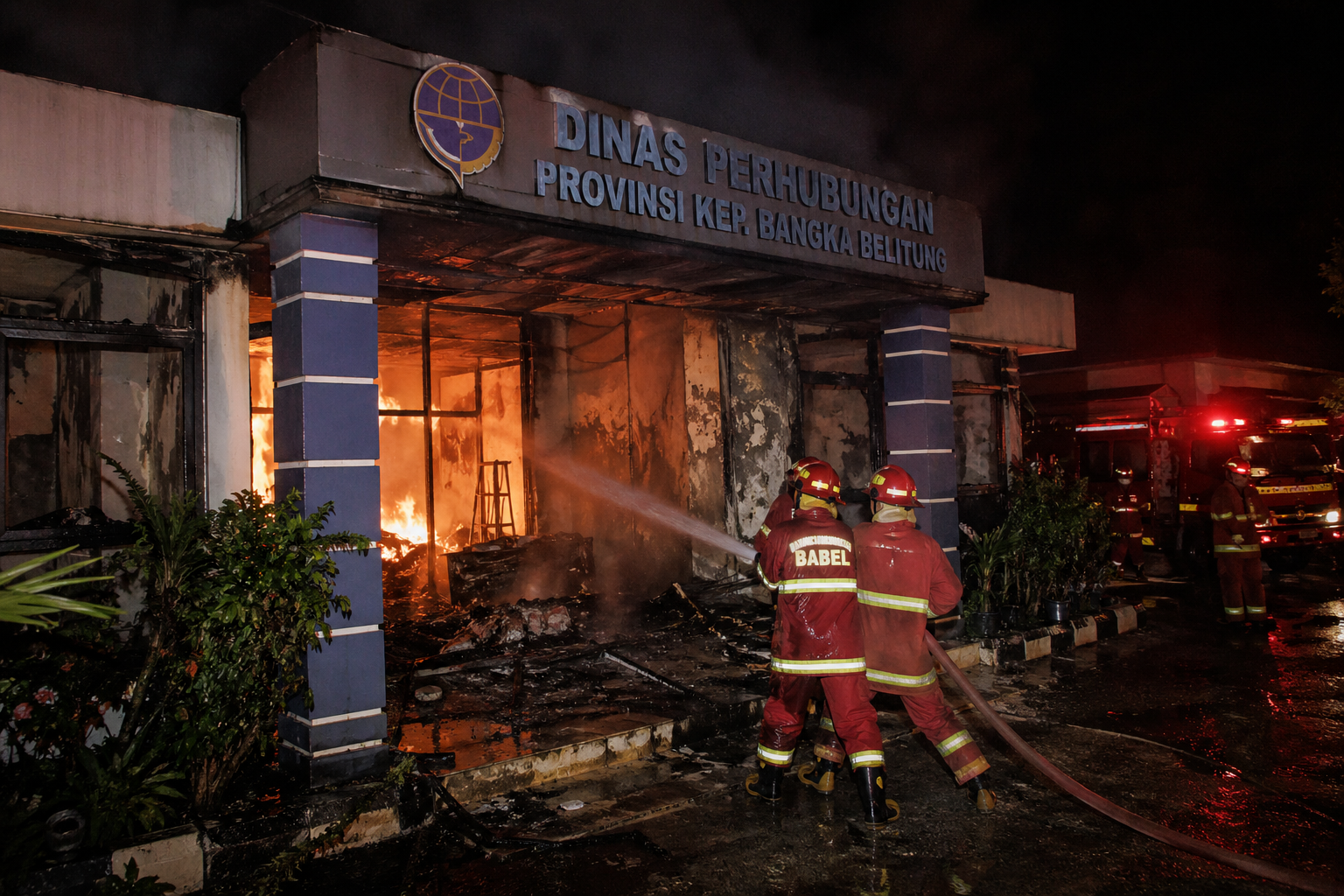 Petugas pemadam kebakaran berupaya memadamkan api yang membakar kantor Dinas Perhubungan Provinsi Kepulauan Bangka Belitung pada malam hari.